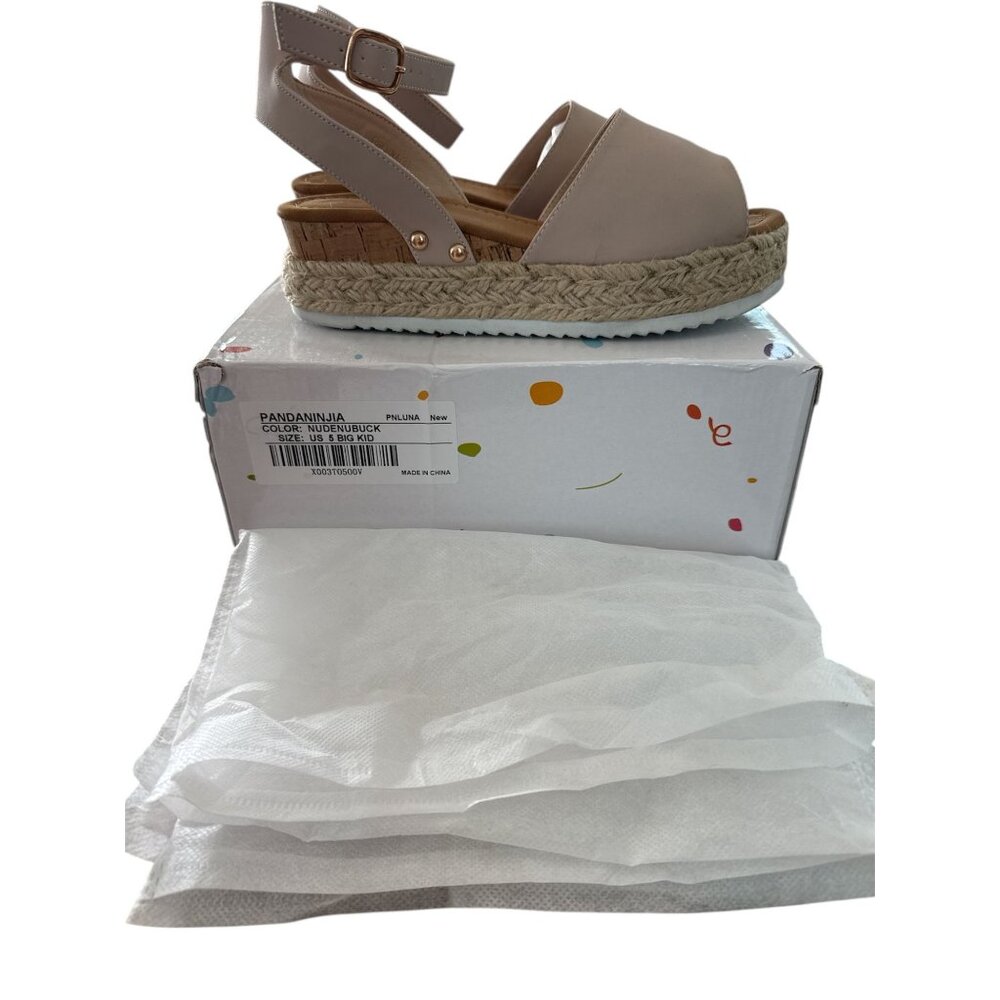 PANDANINJIA Girls Nude Nubuck Espadrille Wedge Sandals - Size 5